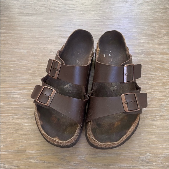 Birkenstock brown leather buckle women’s slip on slides sandals shoes size 10.5 - Picture 2 of 7